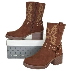 Sun + Stone Norahh Brown Microsuede Embroidered Womens Ankle Boots Size 8M